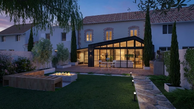 Rendu 3d d'une maison mitoyenne avec une extension véranda au crépuscule réaliser avec Cedreo