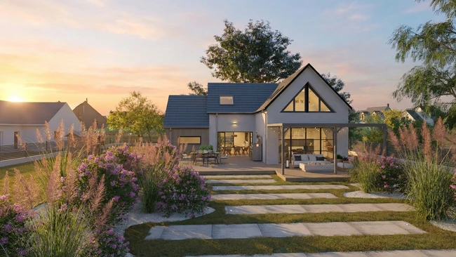 Rendu 3D photoréaliste d'une maison neuve au lever du soleil réaliser avec Cedreo