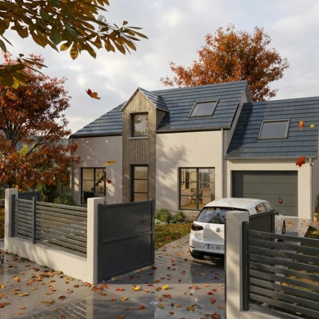 Rendu 3D avec effet IA automne après la pluie d'une maison individuelle réalisé avec Cedreo