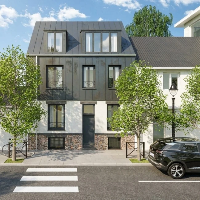 Rendu 3D d'une maison de ville avec surélévation sublimé par l'effet IA été réaliser avec Cedreo 