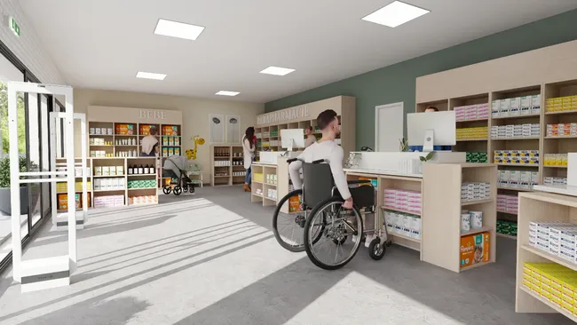 Rendu 3D intérieur d'une pharmacie réalisé avec le logiciel Cedreo