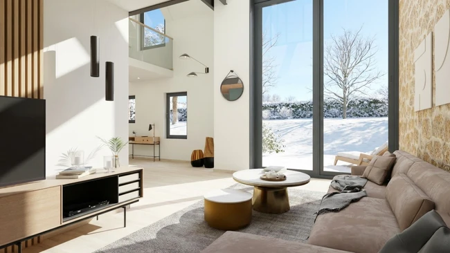 Rendu 3D intérieur d'un salon d'une maison ancienne orienté plein sud en hiver réalisé avec Cedreo