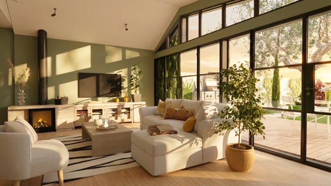 Rendu 3D photoréaliste d'un salon dans une extension en véranda réalisé avec le logiciel Cedreo