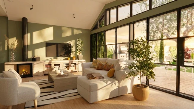 Rendu 3D intérieur d'une extension en véranda avec effet IA