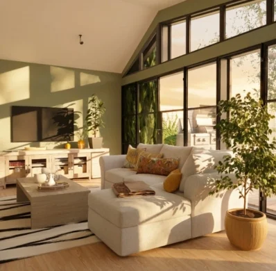 Rendu 3D intérieur d'un salon lumineux avec des baies vitrées tout en hauteur avec les effets IA du logiciel Cedreo