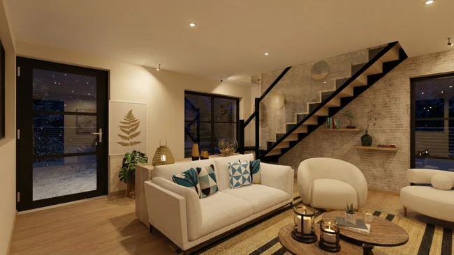 Rendu 3D intérieur d'un salon en lumière tamisée réalisé avec Cedreo