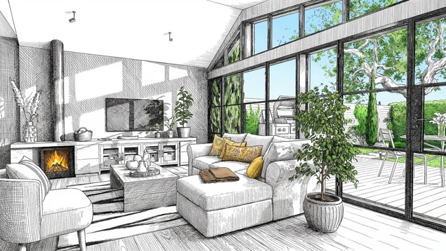 Illustration d'un salon d'un extension véranda en dessin croquis réalisé par l'IA de Cedreo