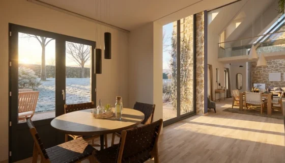rendu 3D d'un intérieur chaleureux traversé par la lumière su soleil en hiver réaliser avec les effets IA de Cedreo