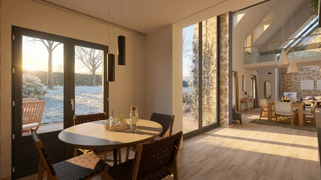 rendu 3D d'un intérieur chaleureux traversé par la lumière su soleil en hiver réaliser avec les effets IA de Cedreo