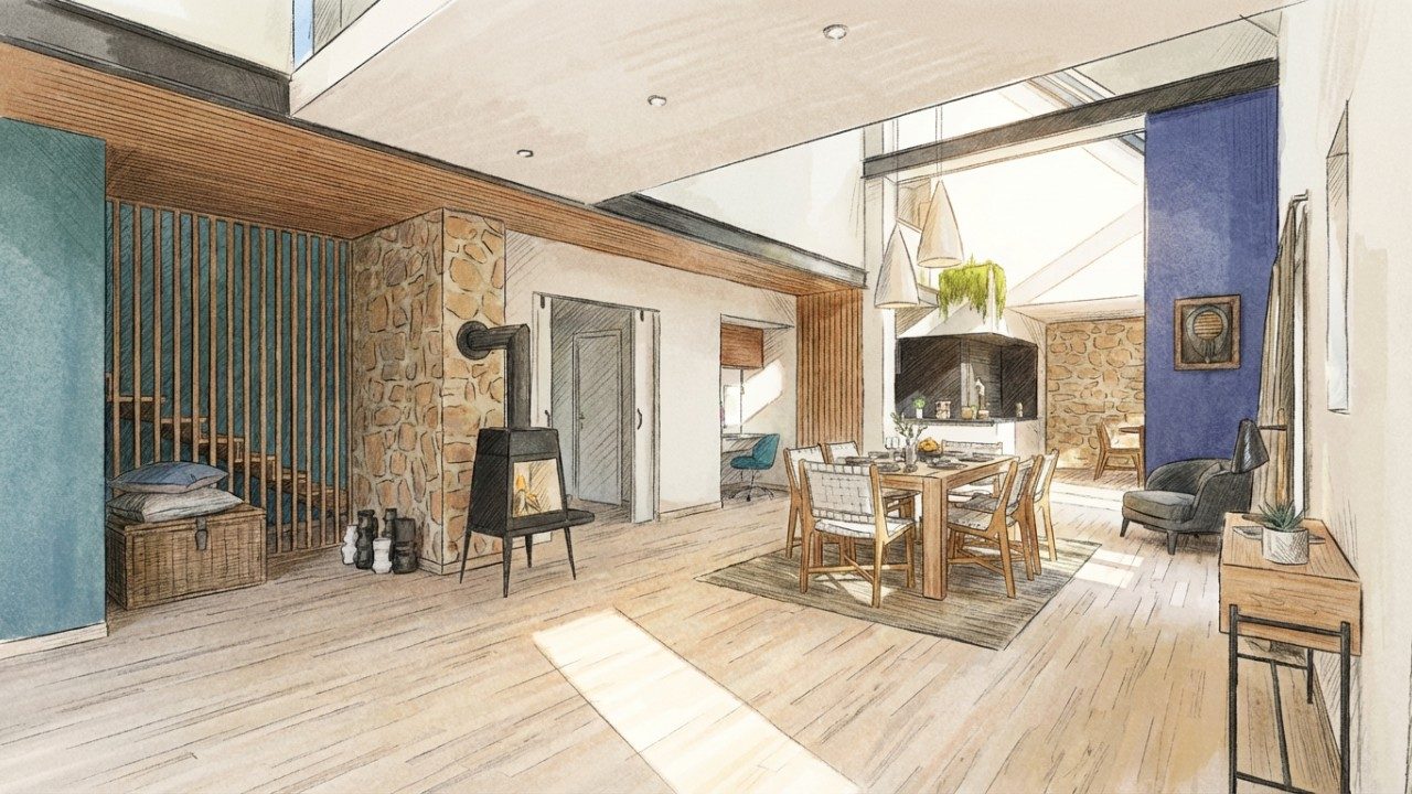 Illustration d'un séjour d'une maison ancienne en rénovation réalisé en croquis par l'IA de Cedreo