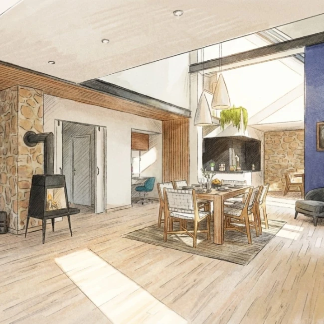 Illustration d'un croquis d'une pièce intérieur en rénovation réaliser avec IA avec le logiciel Cedreo