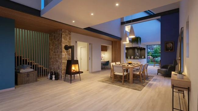 Perspective 3d intérieur d'une salle à manger éclairée réalisé avec le logiciel Cedreo