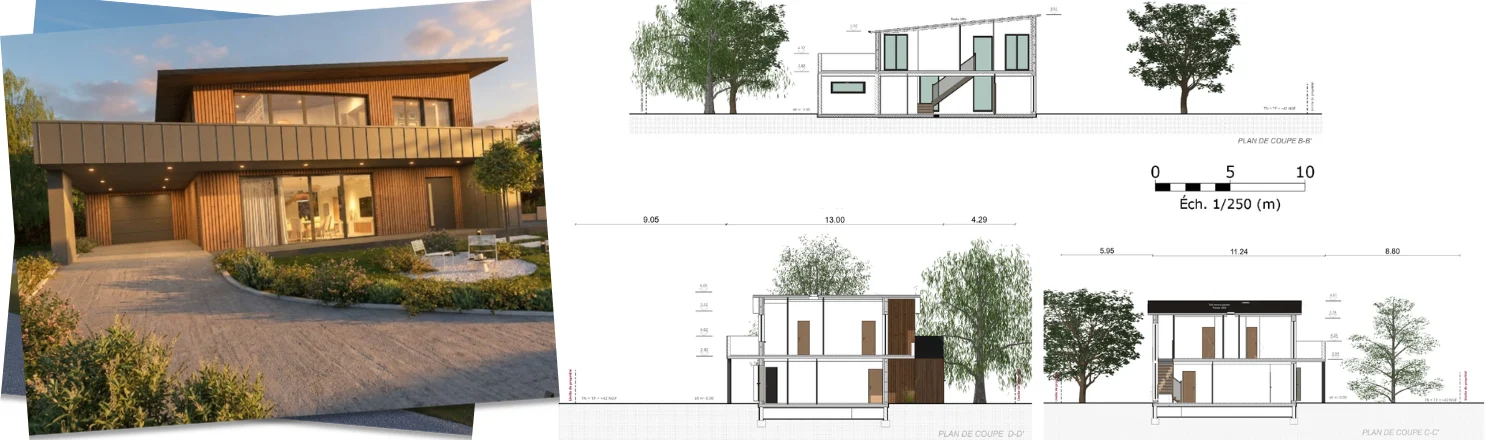 Exemple de plan de coupe à l'échelle d'une maison moderne en bardage bois réaliser par le logiciel Cedreo