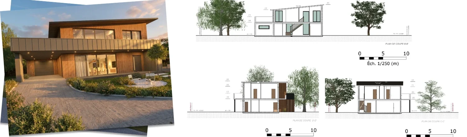 Exemple de plan de coupe à l'échelle d'une maison moderne en bardage bois réaliser par le logiciel Cedreo