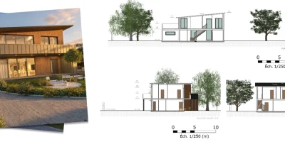 Exemple de plan de coupe à l'échelle d'une maison moderne en bardage bois réaliser par le logiciel Cedreo