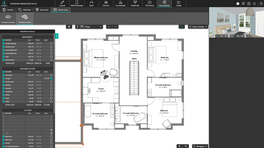 screenshot Cedreo software get detailed surface area table