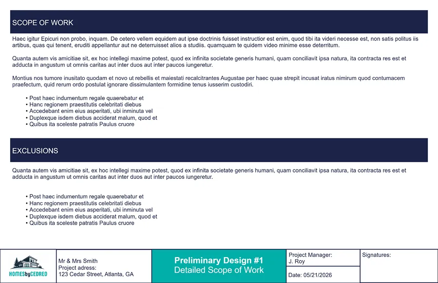 preliminary house design scope of work
