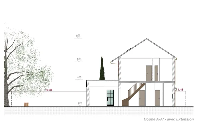 Plan de coupe A-A' d'une maison mitoyenne avec extension réalisé avec Cedreo