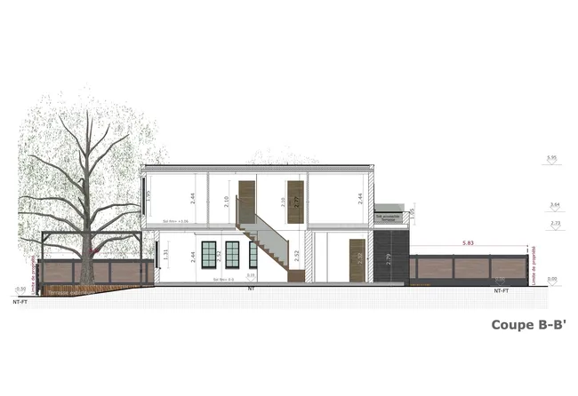 plan de coupe BB d'une maison individuelle avec visualisation des clôtures par Cedreo