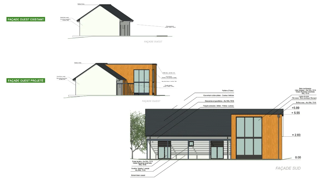 Plan de façade PC5 d'une maison traditionnelle avec une extension moderne en bardage bois réalisé avec le logiciel Cedreo