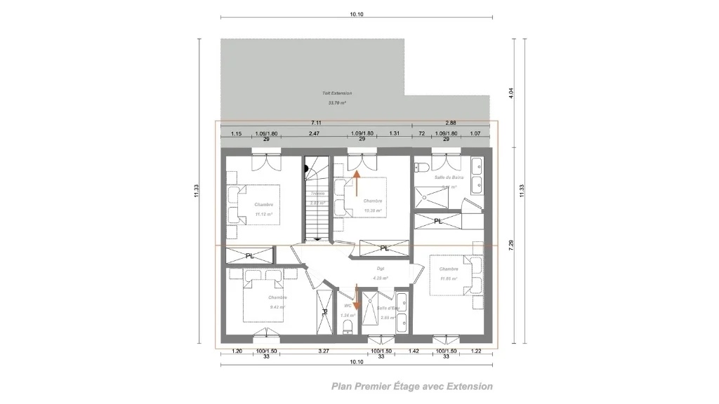 Plan de niveau 2d d'un maison mitoyenne avec extension et annotations réaliser avec le logiciel Cedreo