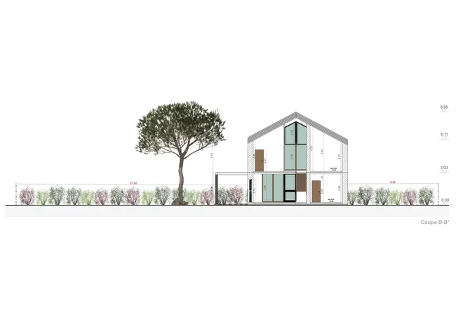 Plan de coupe B-B' d'une maison d'architecte réalisé avec le logiciel Cedreo