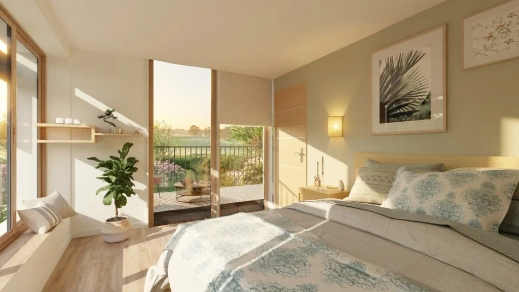 Perspective 3D d'une chambre parentale au lever d soleil réalisée avec l'IA de Cedreo