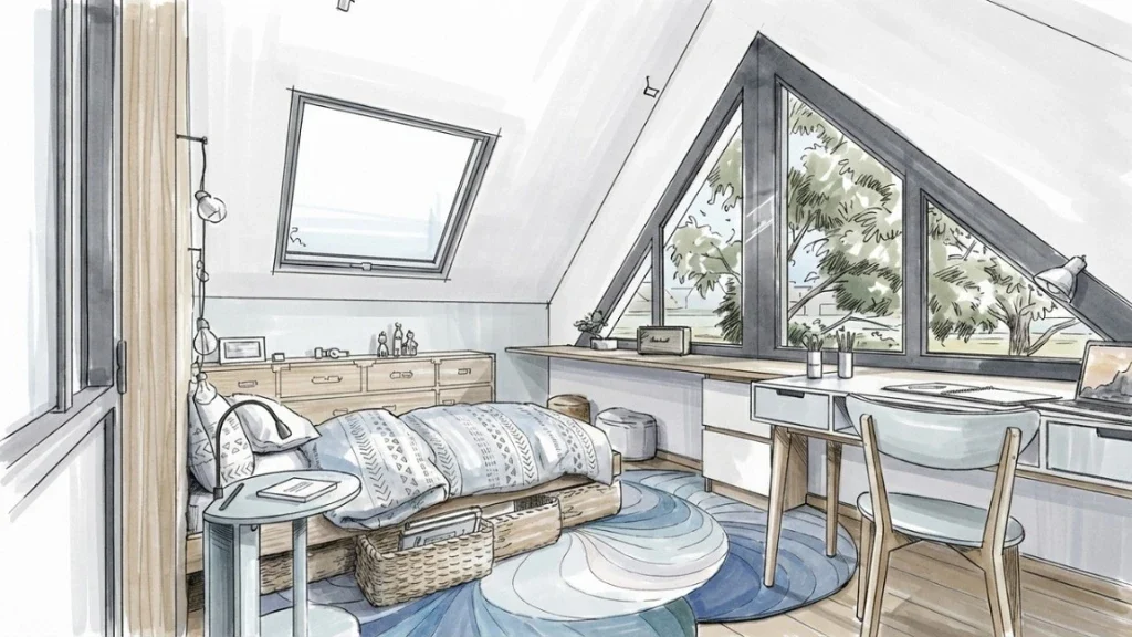 Croquis d'une chambre en rénovation de combles réaliser avec l'IA du logiciel Cedreo