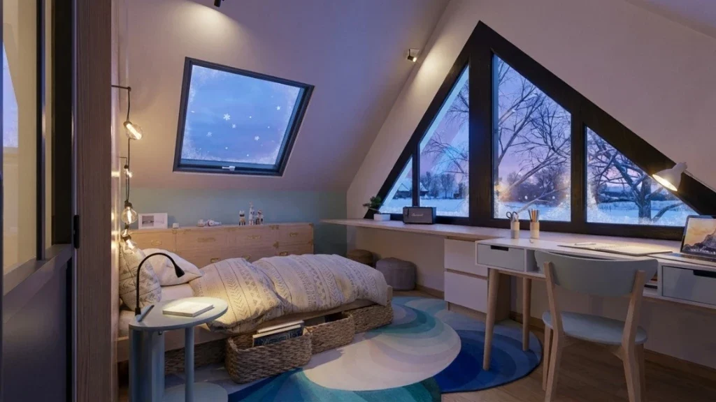 Rendu 3D intérieur d'une chambre sous les toits réalisé avec le logiciel Cedreo