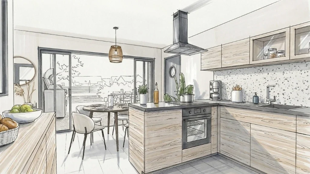 Croquis de conception de cuisine et pièce de vie réaliser avec l'IA de Cedreo