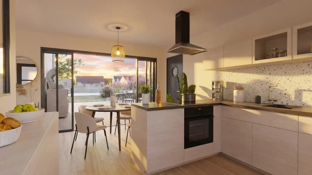 Rendu 3D photoréaliste d'ne pièce de vie d'une construction neuve réaliser avec Cedreo