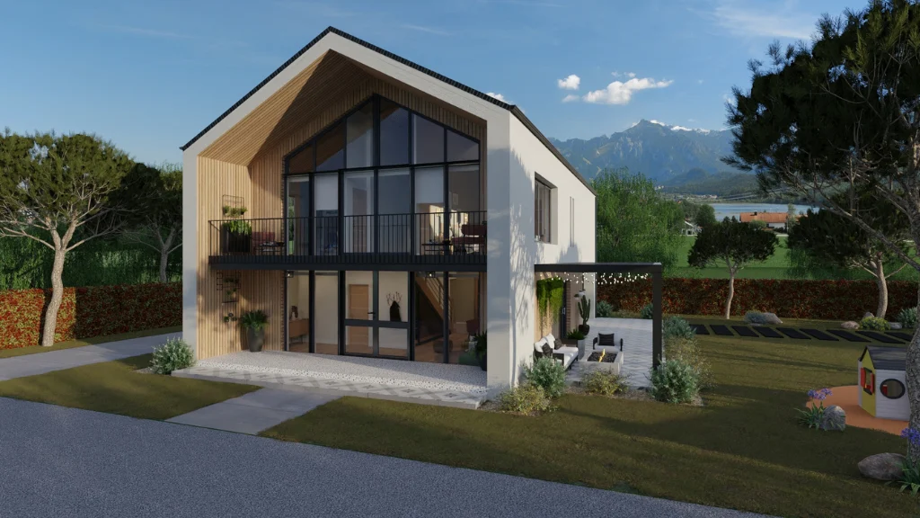Visuel 3D d'une maison d'architecte moderne au coeur des montagne réalisé avec le logiciel Cedreo