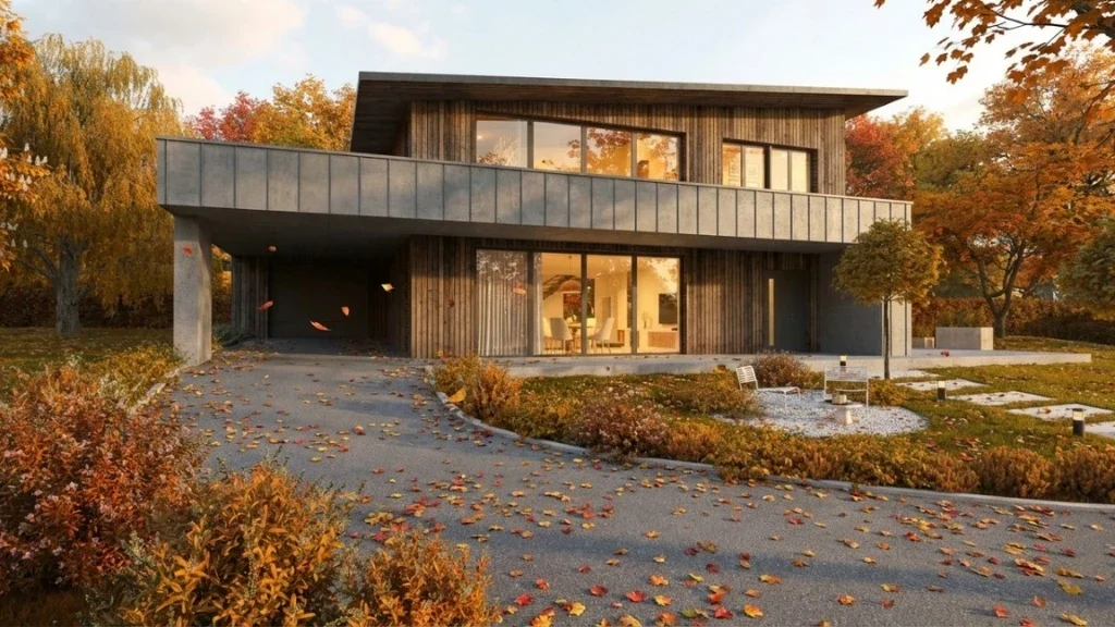 Rendu 3D photoréaliste d'une maison moderne en bardage bois en plein automne réaliser avec l'IA de Cedreo