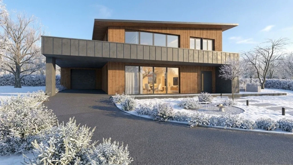 Rendu 3D d'une maison moderne en bardage bois en hiver réalisé avec l'IA de Cedreo