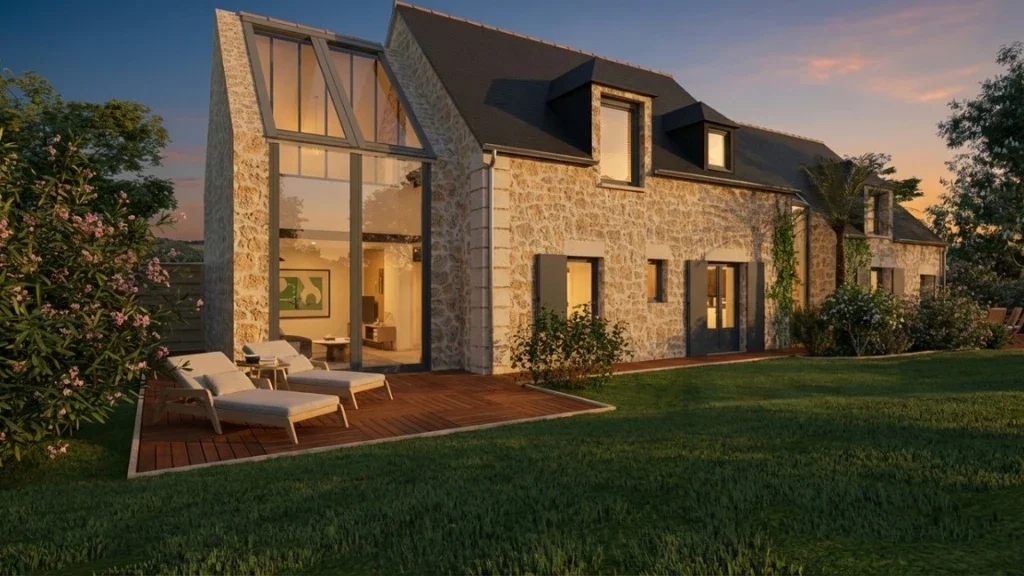 Rendu 3D photoréaliste en coucher de soleil d'une maison ancienne rénovée complètement réalisé avec le logiciel Cedreo