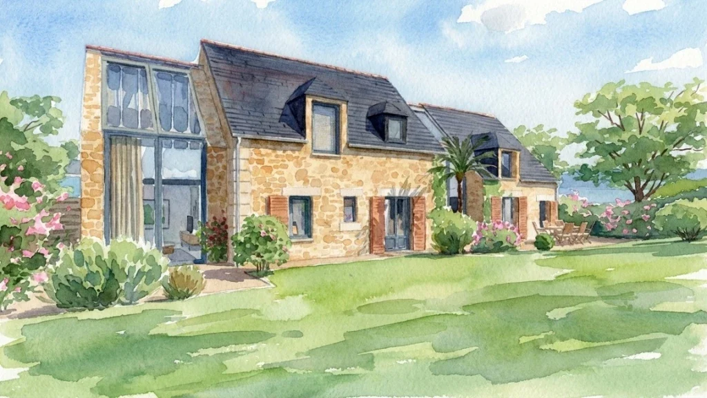 Illustration d'une maison ancienne rénovée en aquarelle réalisée avec Cedreo
