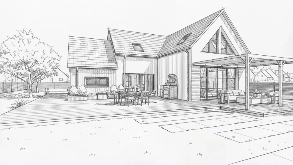 Croquis au crayon noir d'une construction d'une maison individuelle réaliser avec l'IA de Cedreo