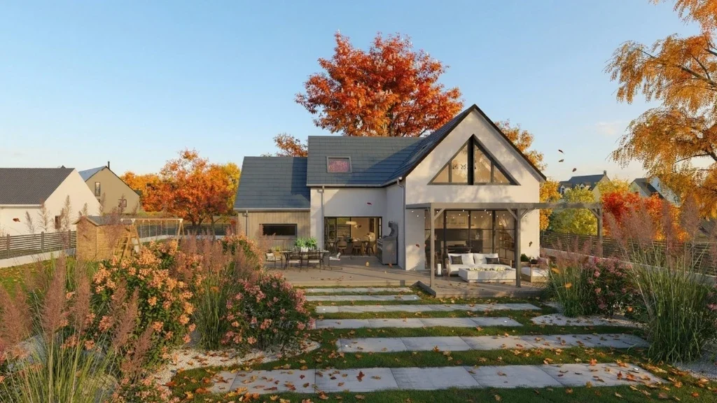 Rendu 3D extérieur d'une maison individuelle en automne réaliser avec L'IA de Cedreo