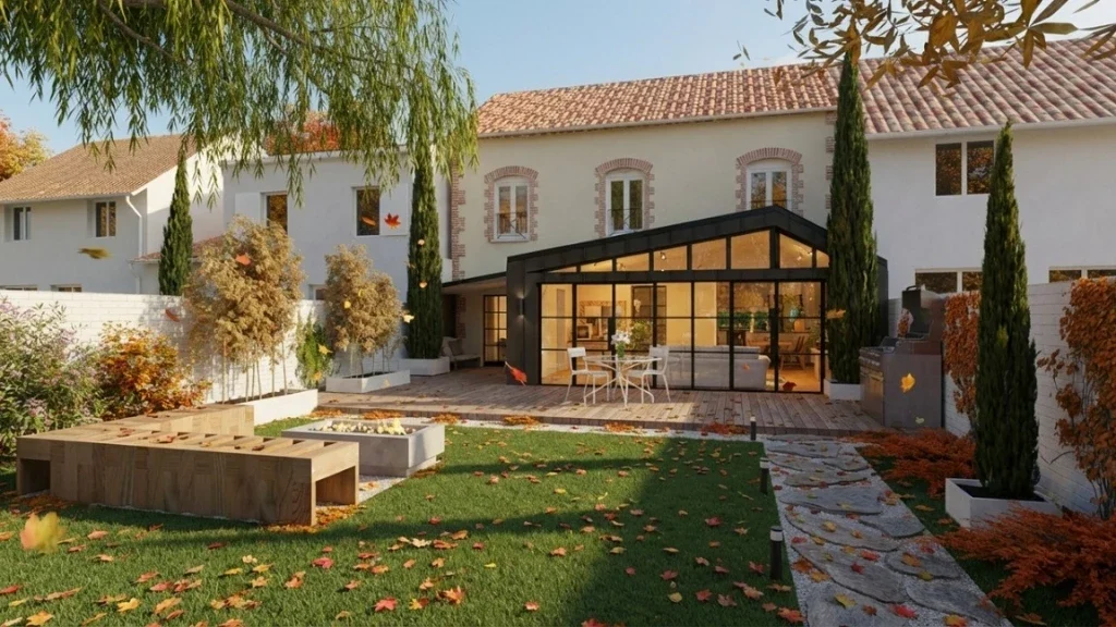 Rendu 3d extérieur d'une maison mitoyenne avec extension véranda au soleil d'automne réalisé avec l'IA de Cedreo