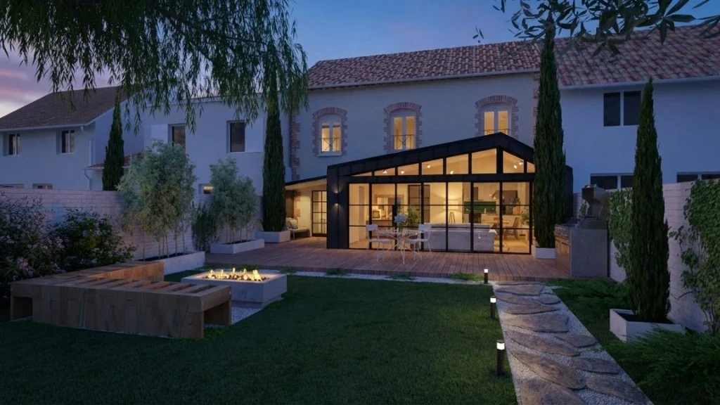 Rendu 3D extérieur d'une maison mitoyenne avec extension véranda à la tombé de la nuit réaliser avec l'IA de Cedreo