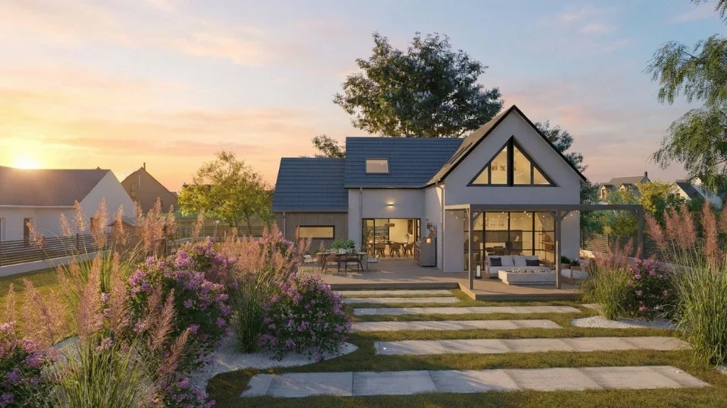 Rendu 3D d'une maison individuelle neuve au lever du soleil réaliser avec Cedreo