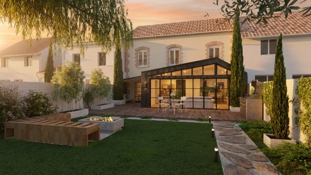 Perspective 3D extérieur d'une maison mitoyenne avec extension verrière réaliser avec l'IA du logiciel Cedreo