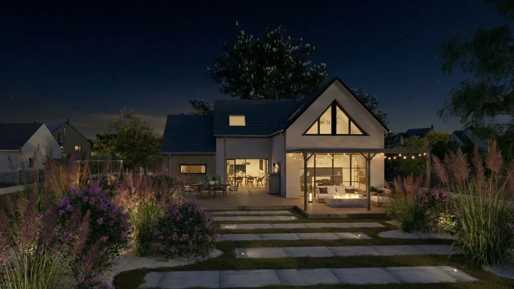 Rendu 3D extérieur de nuit d'une maison neuve réaliser avec Cedreo