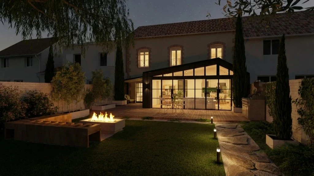 Rendu 3D d'une maison mitoyenne avec extension véranda de nuit réalisé par l'IA de Cedreo