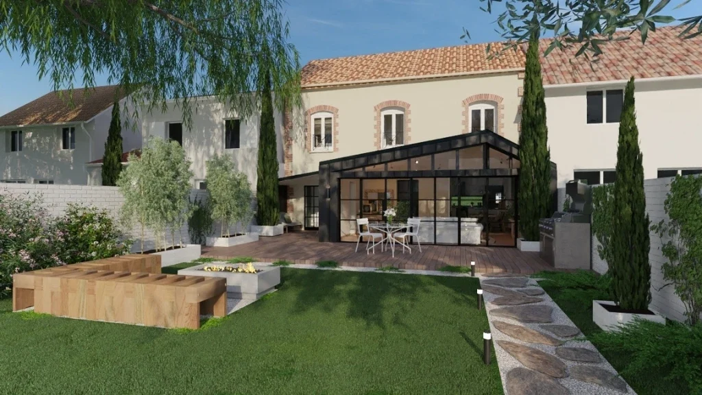 Rendu 3D d'une maison mitoyenne avec extension en véranda réaliser avec le logiciel Cedreo