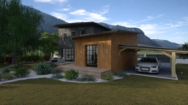 Rendu 3D d'une maison individuelle avec une extension bois réaliser avec le logiciel Cedreo