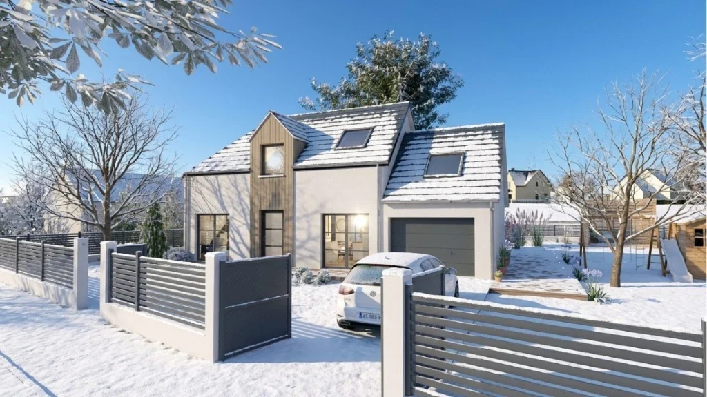 Rendu 3D extérieur en hiver d'une maison individuelle neuve réalisé avec le logiciel Cedreo