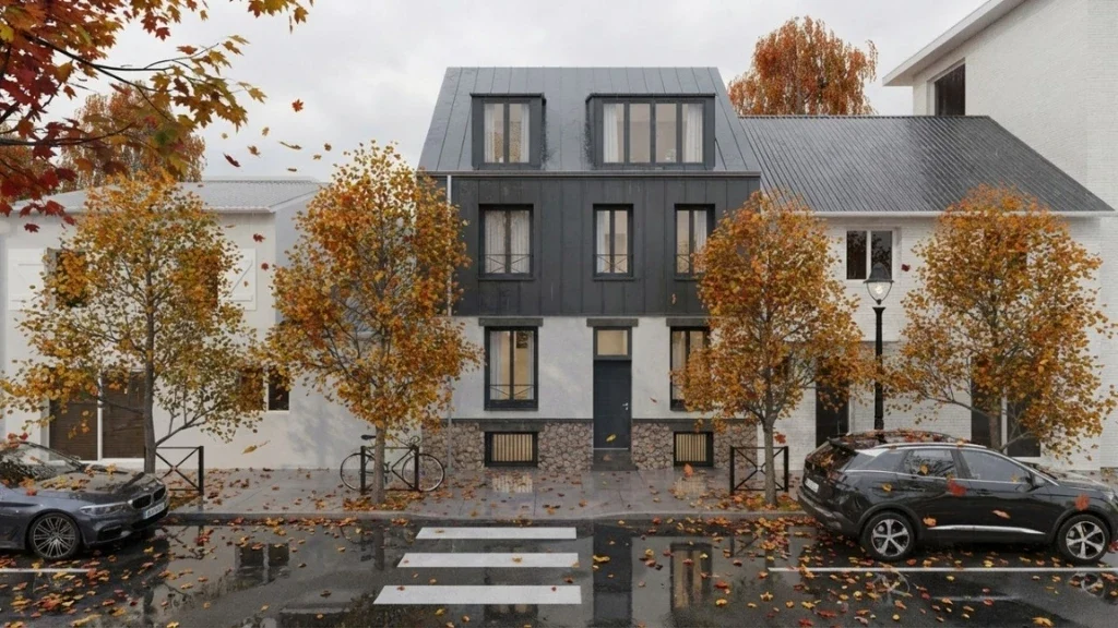 Rendu 3D d'un maison de ville mitoyenne rénovée en automne après la pluie réaliser avec l'IA de Cedreo