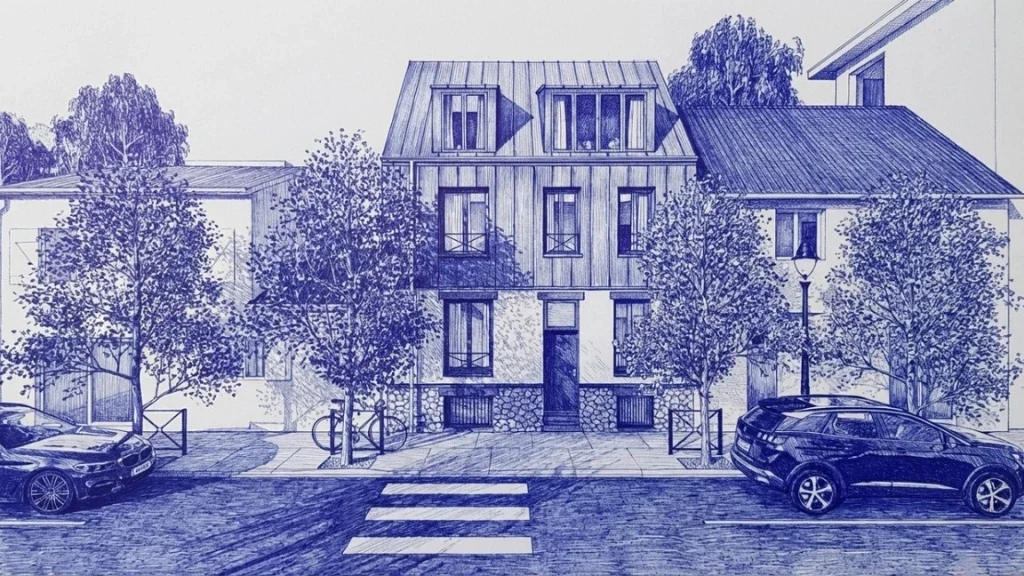 Illustration au stylo bille d'une maison de ville mitoyenne réalisé par l'IA de Cedreo