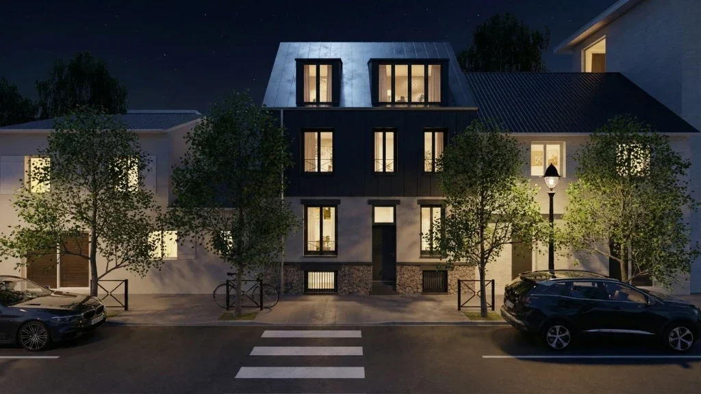 Rendu 3d d'une maison de ville mitoyenne rénovée de nuit réaliser avec l'IA de Cedreo